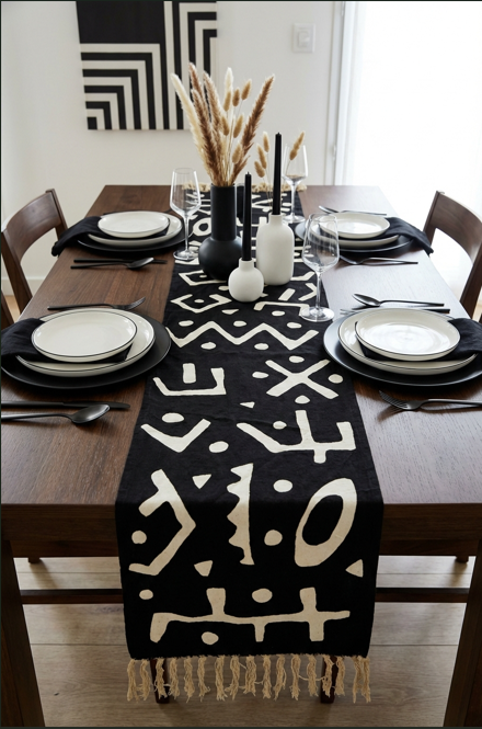 Écharpe bogolan artisanal multifonction – 200 × 37 cm - noir blanc grand motifs