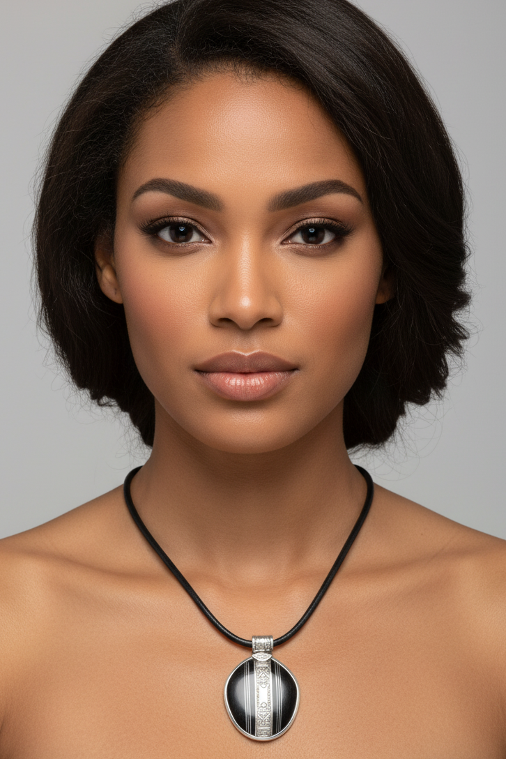 Collier Touareg en Ébène, Argent & Cuir – L’âme du désert
