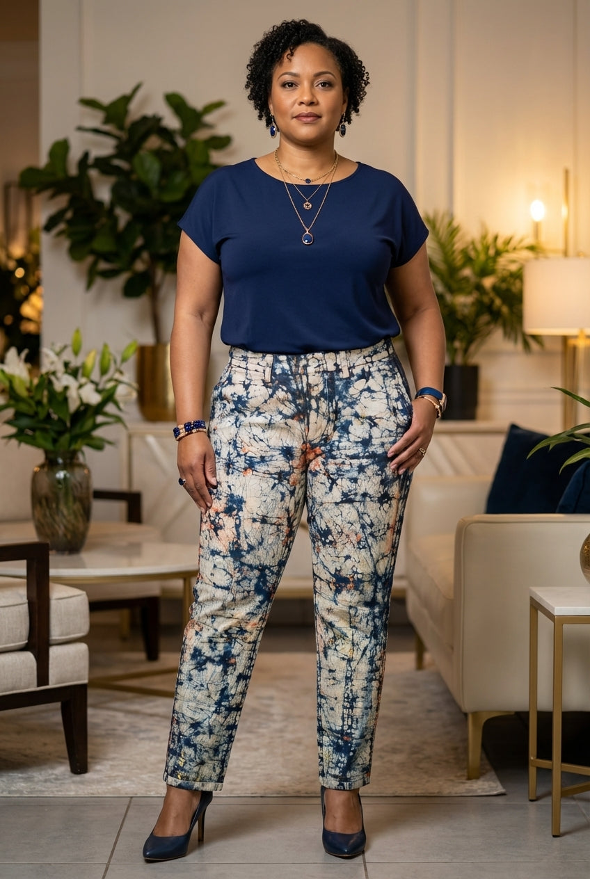 Pantalon femme taille haute – coton customisé en batik artisanal