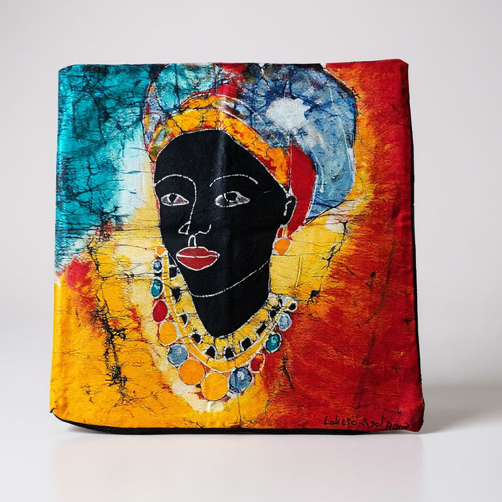 Batik Artisanal "Femme au Foulard" - Housse Coton Pièce Unique multi usages