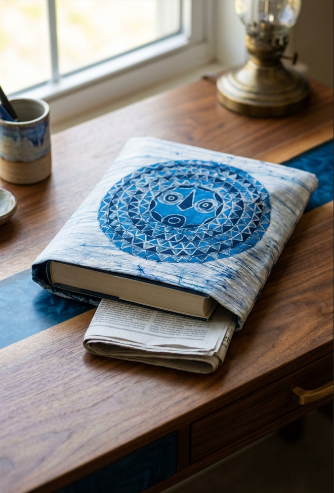 Batik Artisanal "Masque africain soleil " - Housse Fait Main - bleu blanc 2