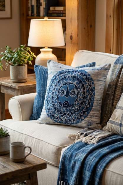 Batik Artisanal "Masque africain soleil " - Housse Fait Main - bleu blanc 2