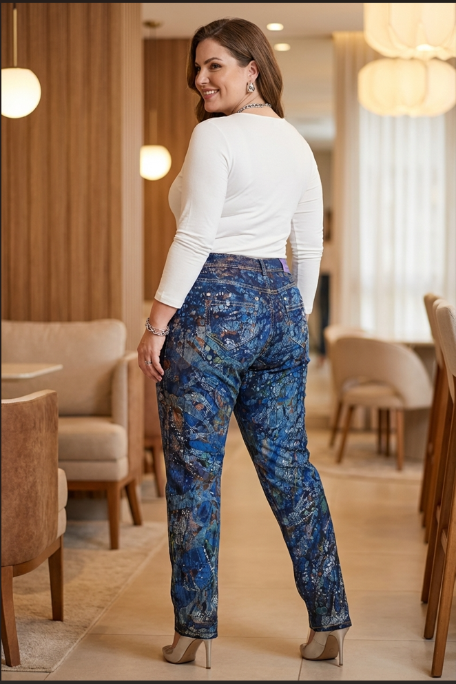 Pantalon Jean femme customisée en batik – Pièce unique signée Loketo & Sol'Anna