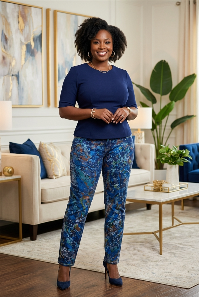 Pantalon Jean femme customisée en batik – Pièce unique signée Loketo & Sol'Anna