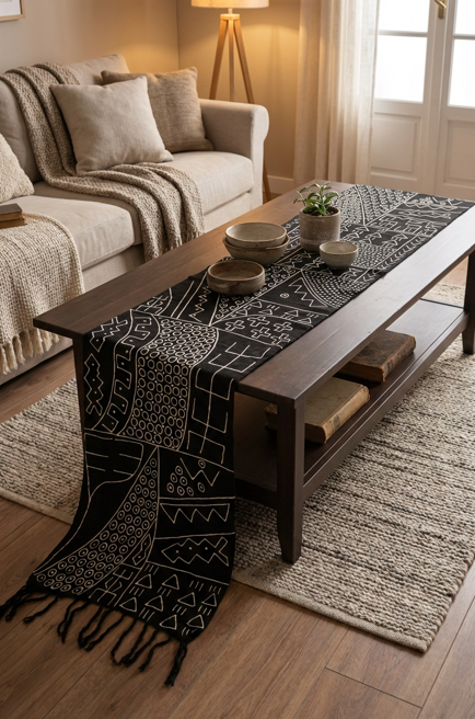 Écharpe bogolan artisanal multifonction – 200 × 37 cm -  noir  blanc