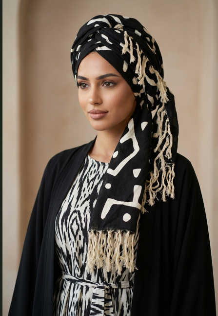 Écharpe bogolan artisanal multifonction – 200 × 37 cm -  noir  blanc grand motifs