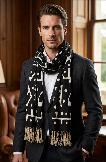 Écharpe bogolan artisanal multifonction – 200 × 37 cm -  noir  blanc grand motifs