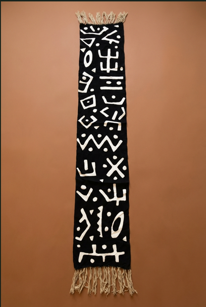 Écharpe bogolan artisanal multifonction – 200 × 37 cm -  noir  blanc grand motifs