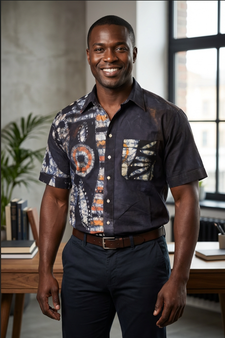 Chemise homme en lin & coton rigide customisée en Batik artisanal du Burkina Faso