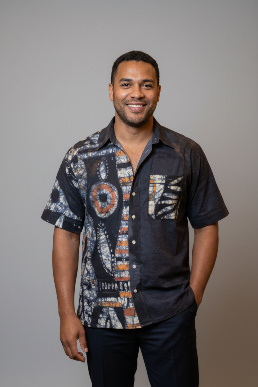 Chemise homme en lin & coton rigide customisée en Batik artisanal du Burkina Faso