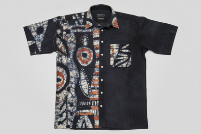 Chemise homme en lin & coton rigide customisée en Batik artisanal du Burkina Faso