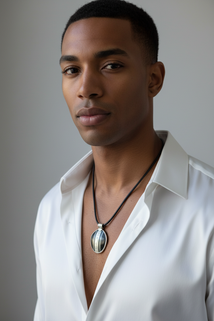 Collier Touareg en Ébène, Argent & Cuir – L’âme du désert