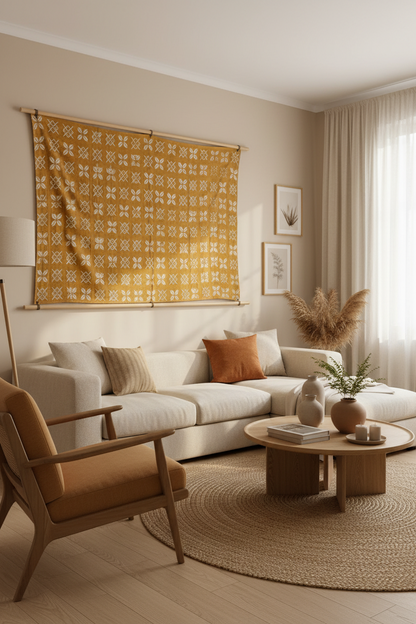 Étoffe Bogolan Traditionnelle Jaune Moutarde et Blanc - 2m x 1,14m