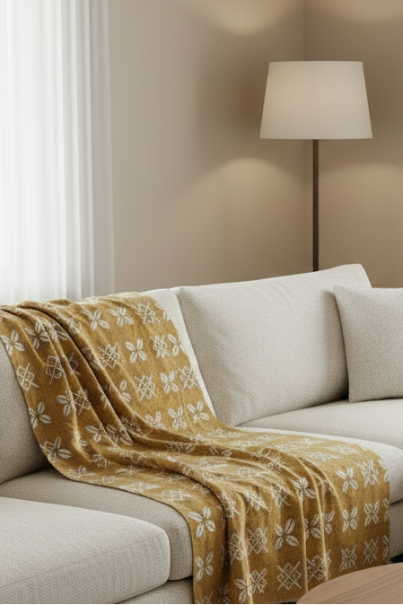 Étoffe Bogolan Traditionnelle Jaune Moutarde et Blanc - 2m x 1,14m