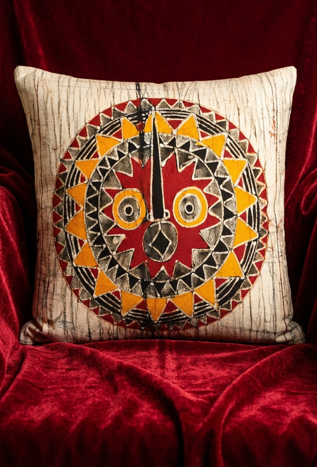Batik Artisanal "Masque africain Soleil Orange rouge " - Housse Fait Main -