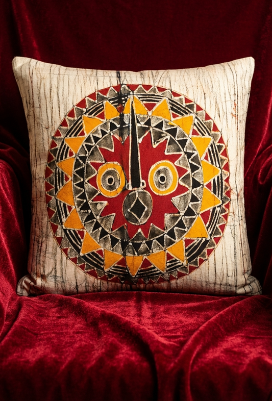Batik Artisanal "Masque africain Soleil Orange rouge " - Housse Fait Main -