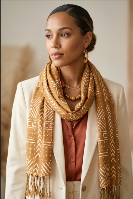 Écharpe bogolan artisanal multifonction – 200 × 37 cm -  marron blanc