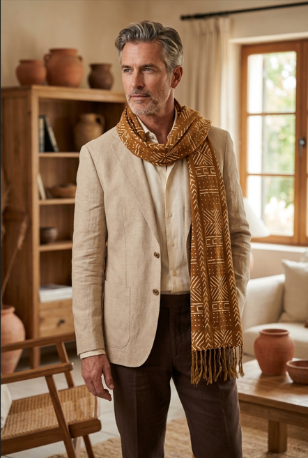 Écharpe bogolan artisanal multifonction – 200 × 37 cm -  marron blanc