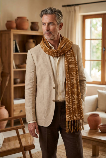Écharpe bogolan artisanal multifonction – 200 × 37 cm -  marron blanc