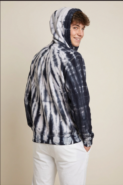 Pull-over à capuche noir gris blanc en coton – Teinture artisanale Koko Donda (Burkina Faso)