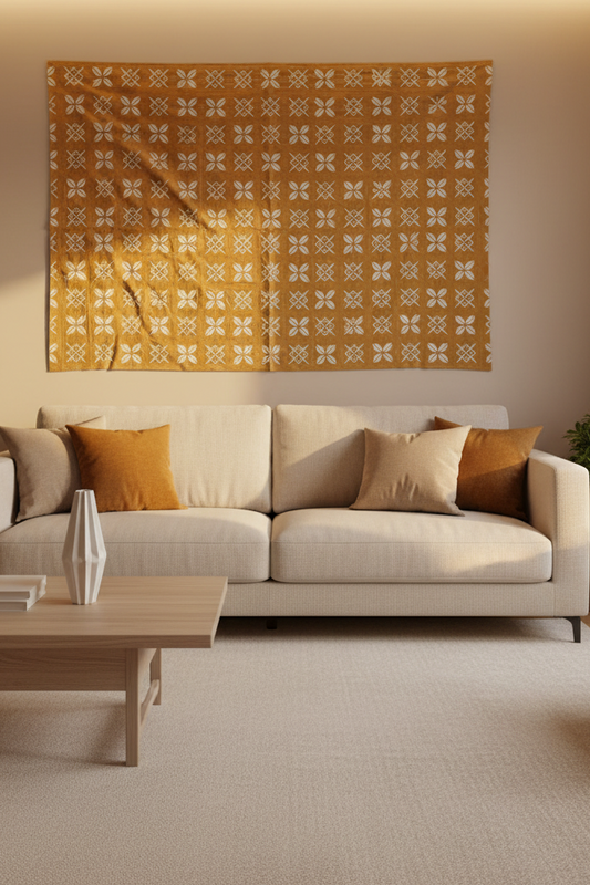 Étoffe Bogolan Traditionnelle Jaune Moutarde et Blanc - 2m x 1,14m