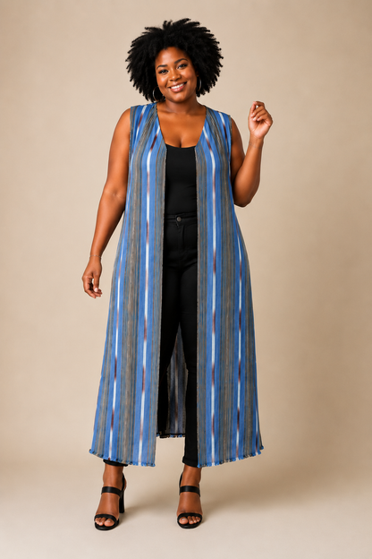Gilet long bleu sans manches en Faso Dan Fani | Sol'Anna