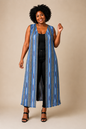 Gilet long bleu sans manches en Faso Dan Fani | Sol'Anna