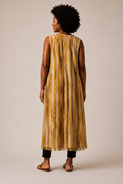 Gilet long beige sans manches en Faso Dan Fani | Sol'Anna