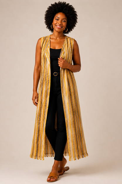 Gilet long beige sans manches en Faso Dan Fani | Sol'Anna