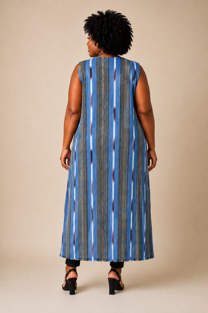 Gilet long bleu sans manches en Faso Dan Fani | Sol'Anna