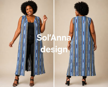 Gilet long bleu sans manches en Faso Dan Fani | Sol'Anna