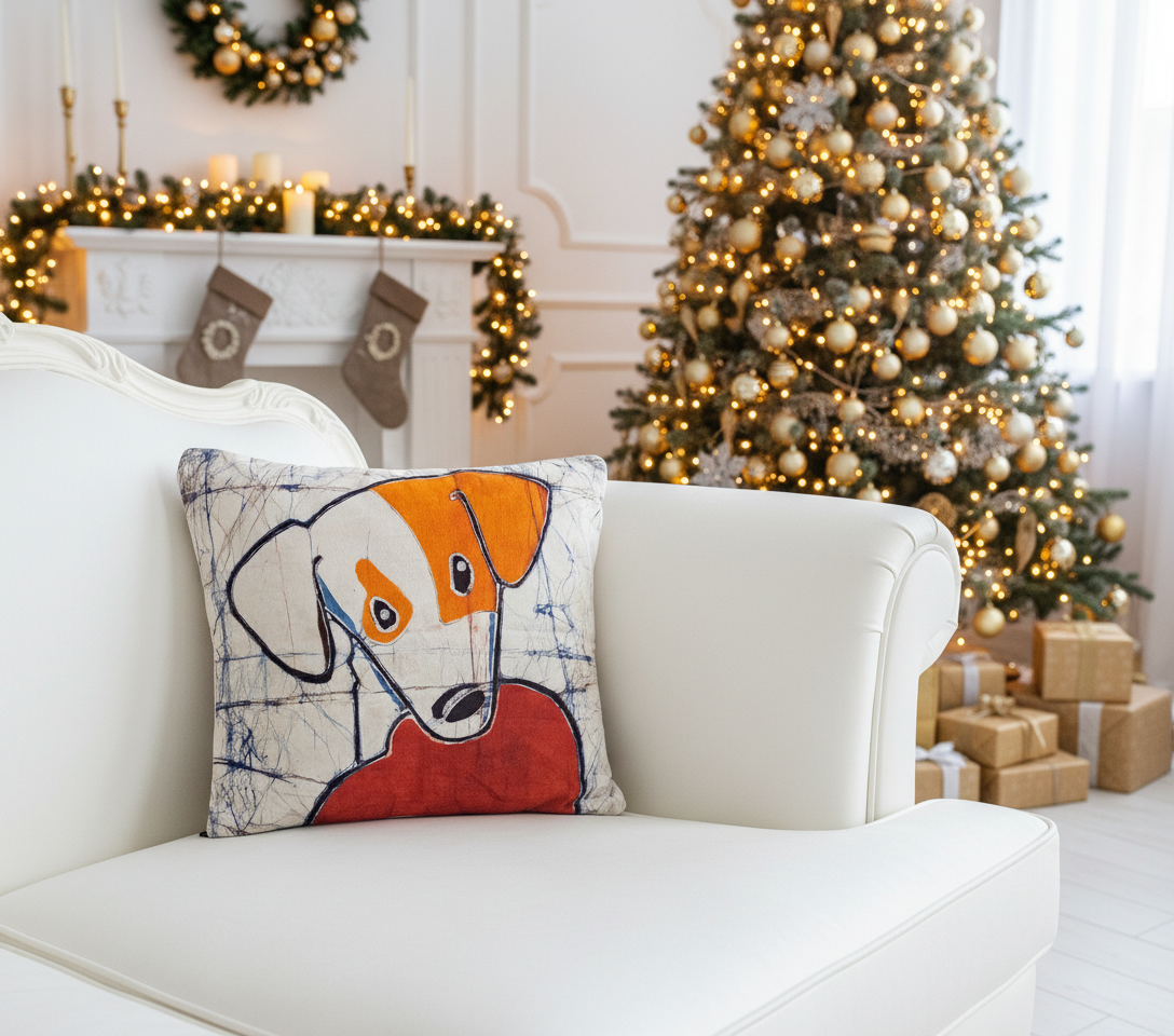 Batik Artisanal de Noel "Cœur d'Orange" - Housse Coton Fait Main