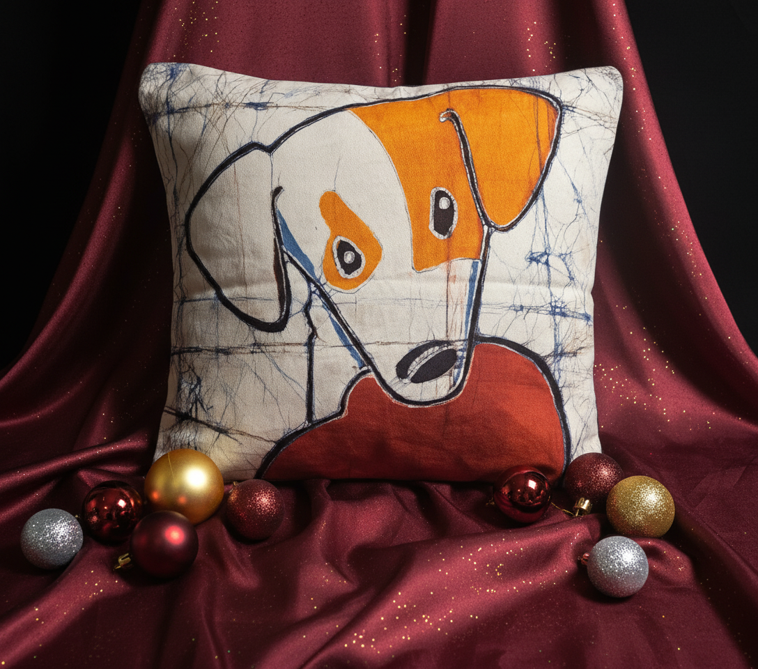 Batik Artisanal de Noel "Cœur d'Orange" - Housse Coton Fait Main