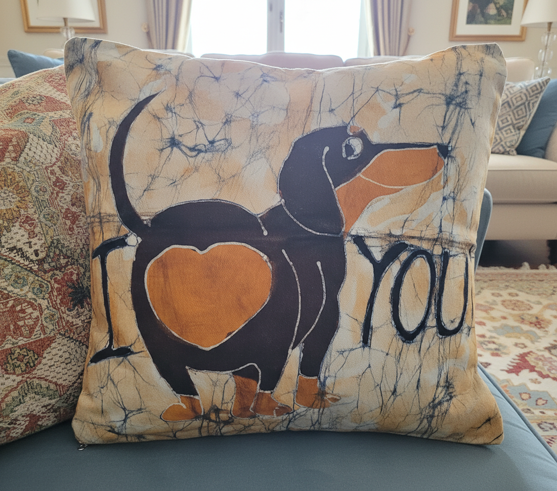 Batik Artisanal "I ❤️ You – Le Teckel qui Dit Tout "- Housse Coton Fait Main