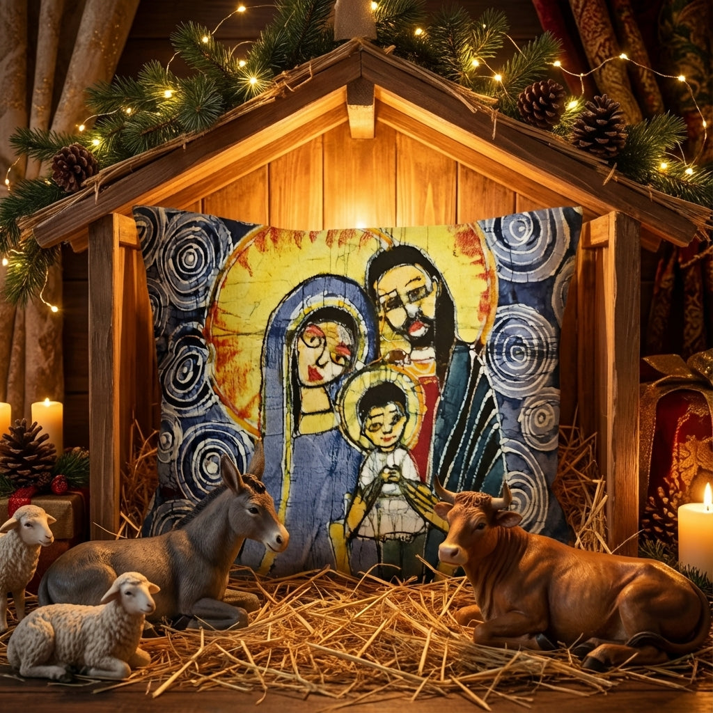 Batik artisanal Crèche de Noël – Housse Coton fait main - Décoration Unique Sol'Anna