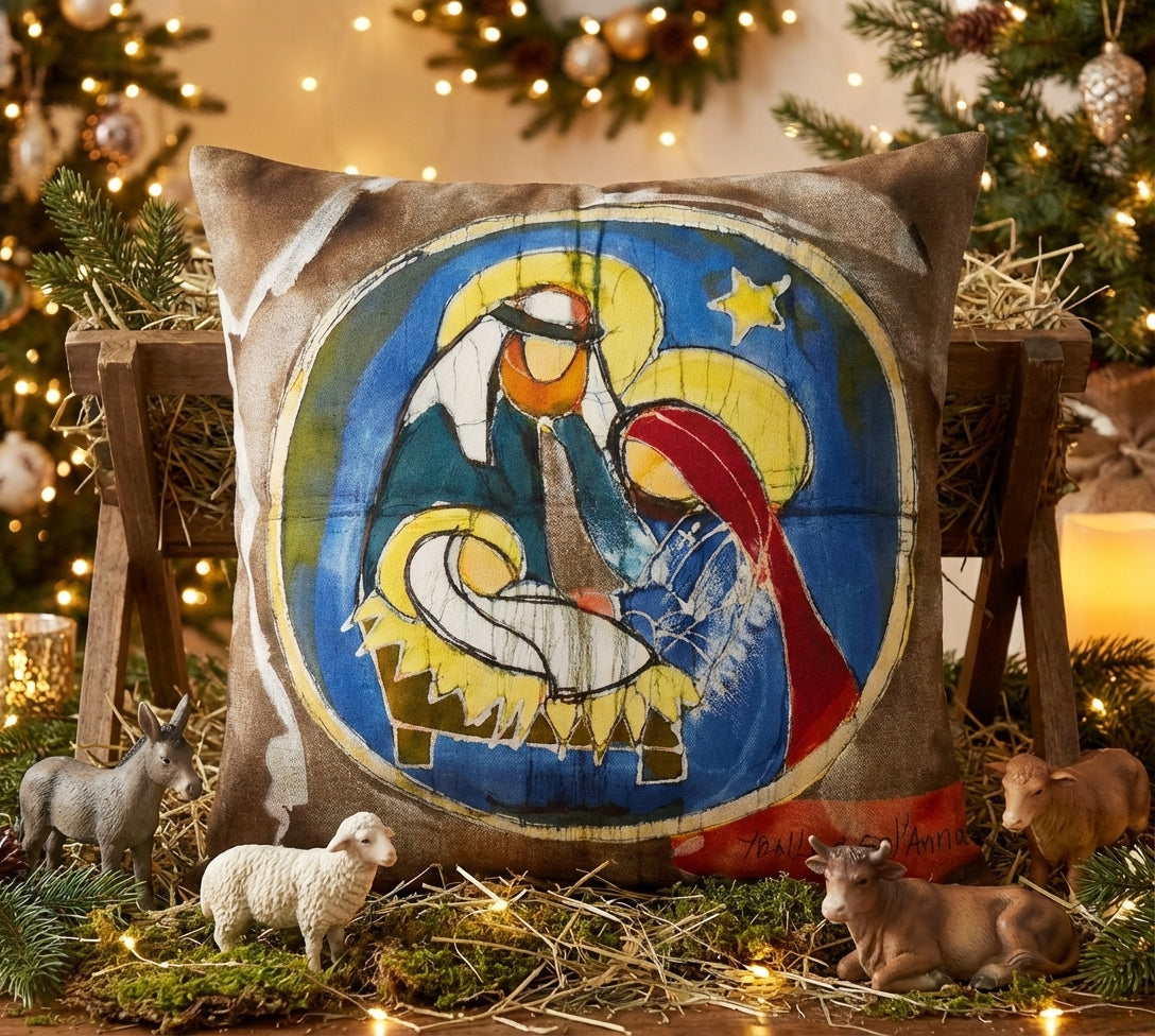 Batik artisanal Crèche de Noël – Housse Coton fait main - Décoration Unique Sol'Anna