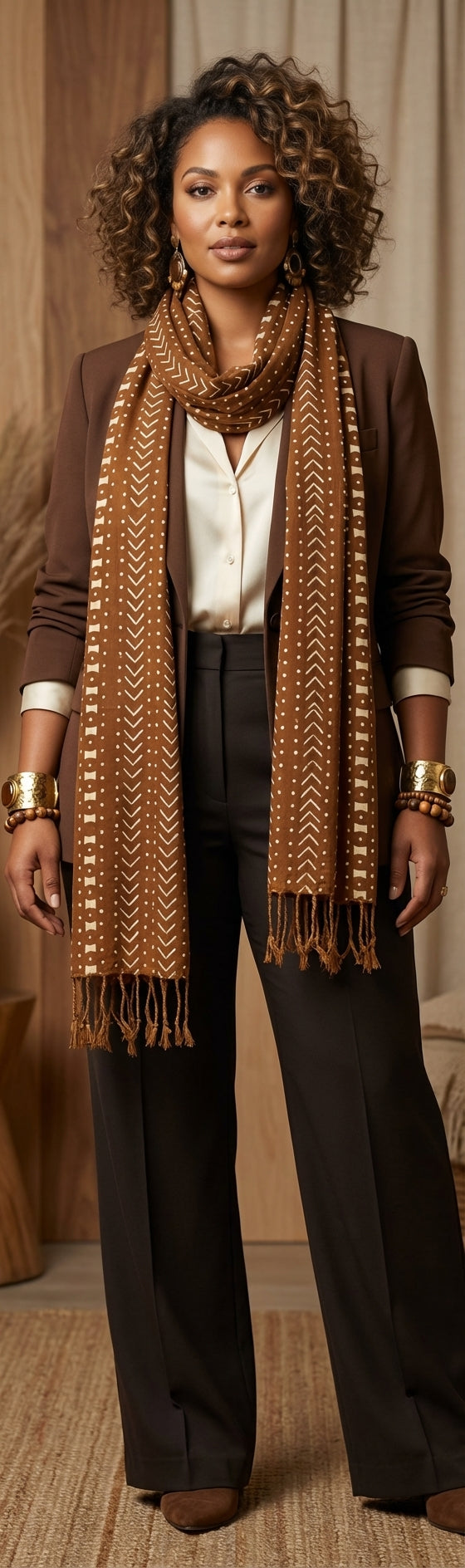 Écharpe bogolan multifonction – 200 × 37 cm - marron et blanc écru