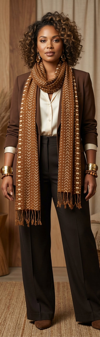 Écharpe bogolan multifonction – 200 × 37 cm - marron et blanc écru