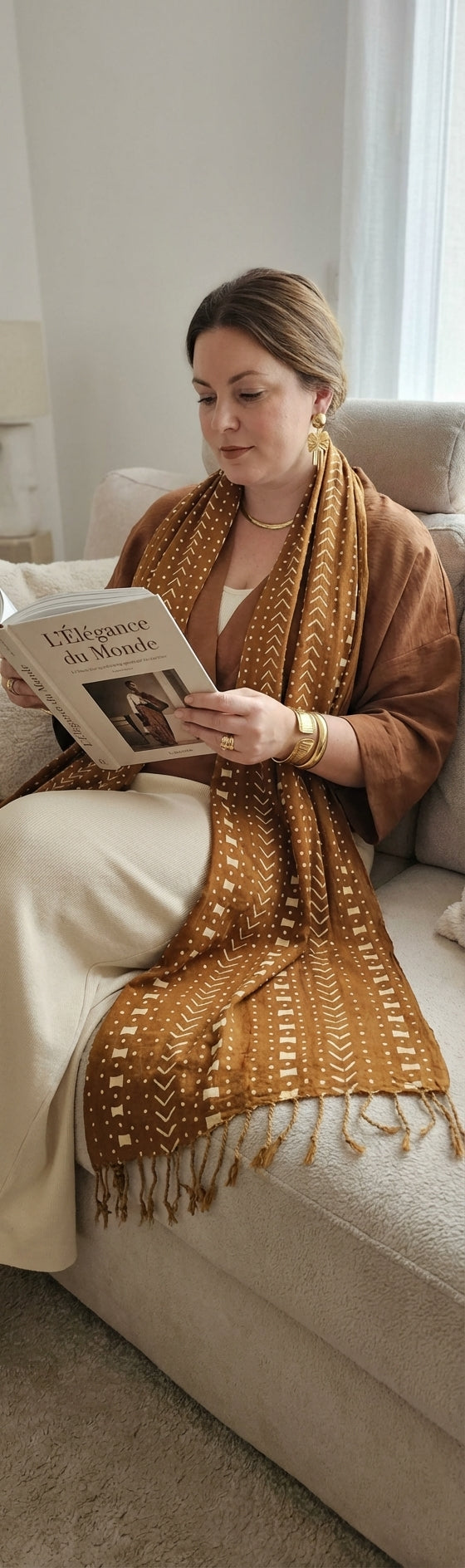 Écharpe bogolan multifonction – 200 × 37 cm - marron et blanc écru