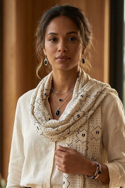 Écharpe bogolan artisanal multifonction – 200 × 37 cm - blanc et noir