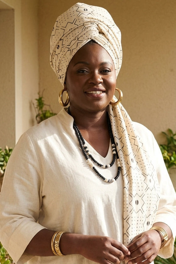 Écharpe bogolan artisanal multifonction – 200 × 37 cm - blanc et noir