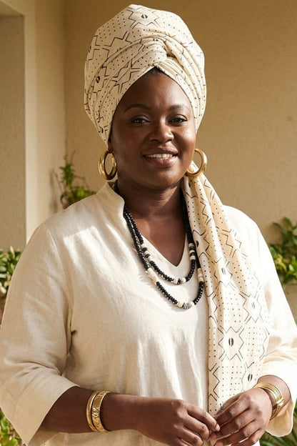 Écharpe bogolan artisanal multifonction – 200 × 37 cm - blanc et noir