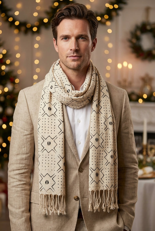 Écharpe bogolan artisanal multifonction – 200 × 37 cm - blanc et noir