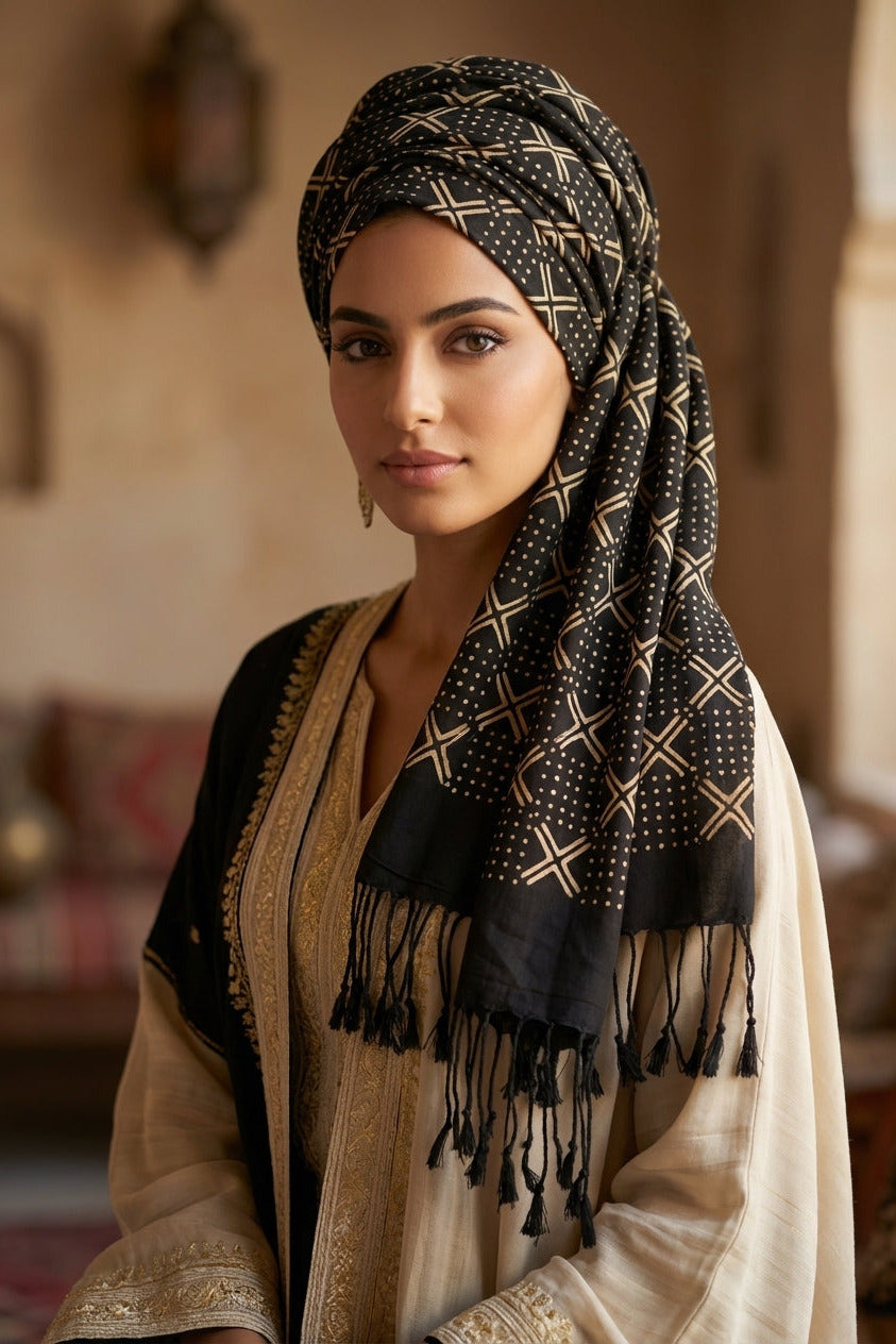 Écharpe bogolan artisanal multifonction – 200 × 37 cm -  noir et blanc