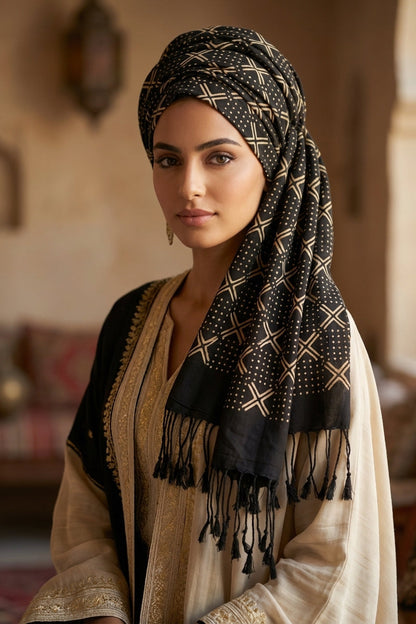 Écharpe bogolan artisanal multifonction – 200 × 37 cm -  noir et blanc