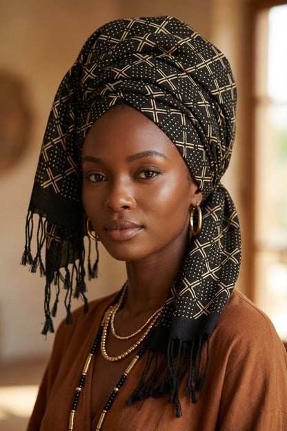 Écharpe bogolan artisanal multifonction – 200 × 37 cm -  noir et blanc