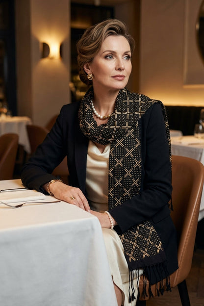 Écharpe bogolan artisanal multifonction – 200 × 37 cm -  noir et blanc