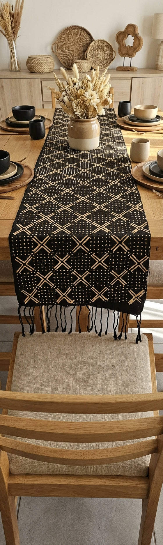 Écharpe bogolan artisanal multifonction – 200 × 37 cm -  noir et blanc