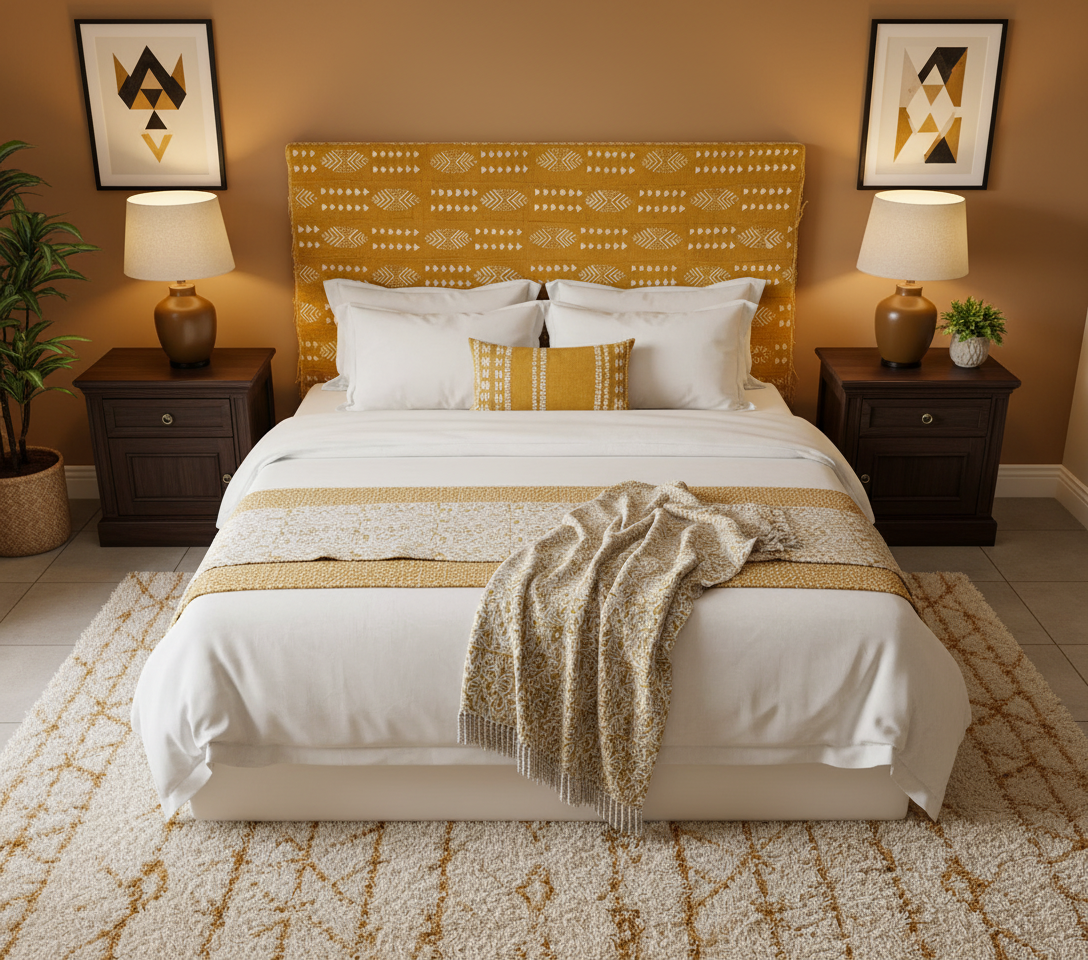 Etoffe bogolan du Mali couleur moutarde – Pièce d’exception, art vivant