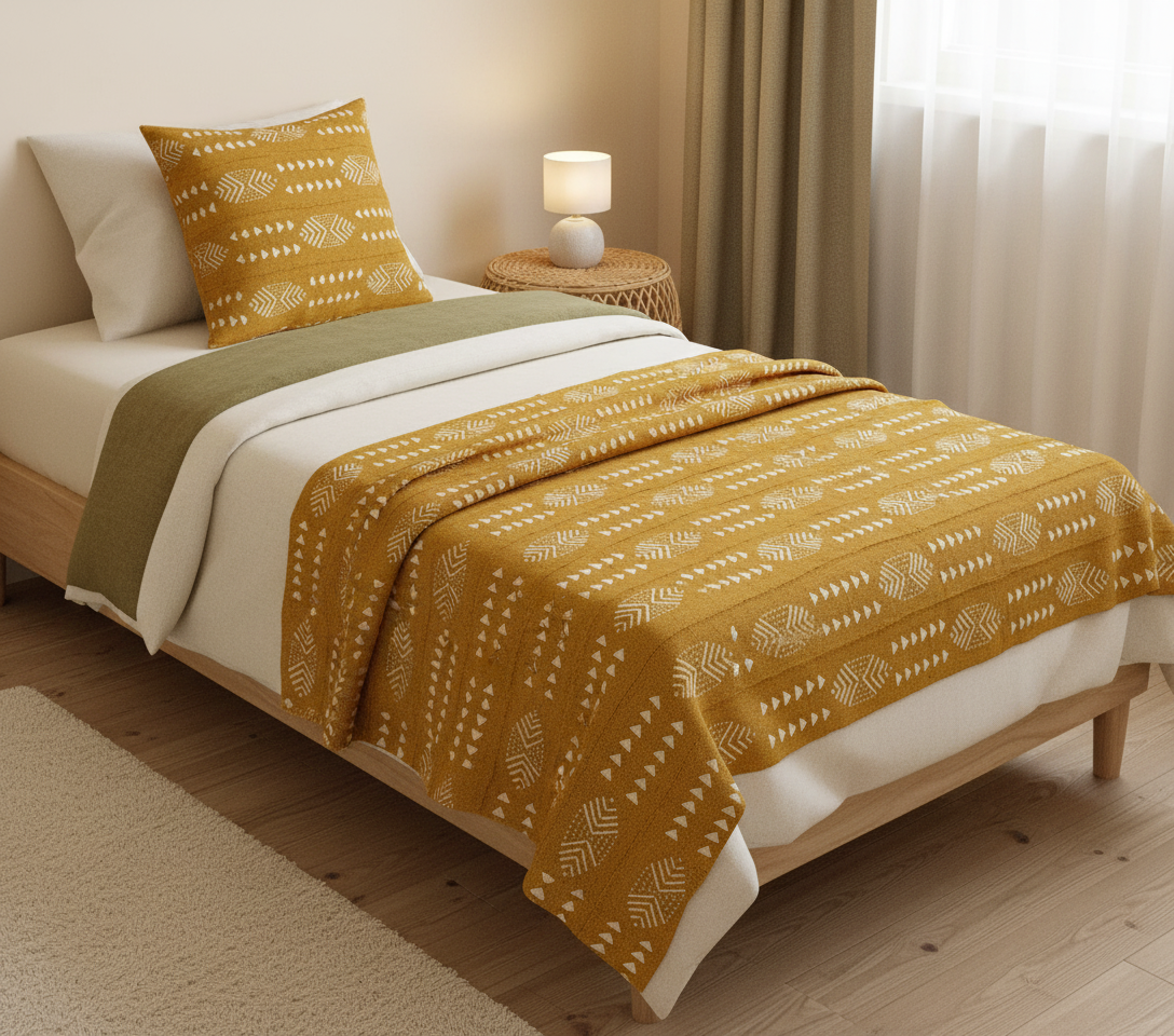 Etoffe bogolan du Mali couleur moutarde – Pièce d’exception, art vivant